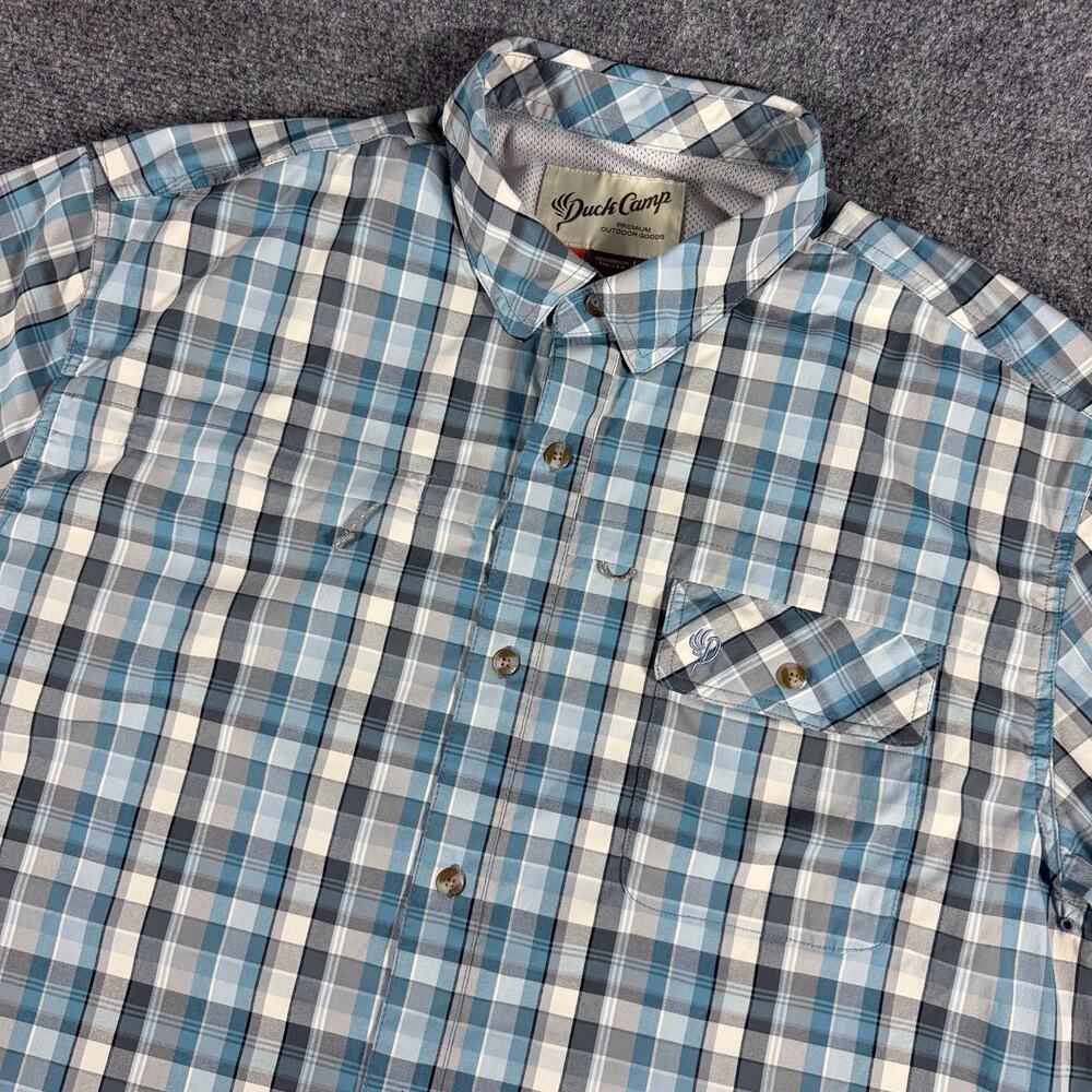 Duck Camp 2XL Plaid Fishing Shirt Blue Short Sleeve Stretch Performance Vented